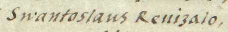Fragment dokumentu wydanego w 1563 roku w Piotrkowie, w którym Zygmunt August potwierdził i powtórzył siedem
wcześniejszych dokumentów dotyczących pól i łąk we wsi Czyżowa, w tym akt wydany w 1443 roku w Kazimierzu,
mocą którego rajcowie kazimierscy, ze Świętosławem Rewizalem w składzie, poświadczyli, że Katarzyna Czipczyna
z córką Dorotą zrezygnowały z połowy łanu we wsi Czyżowa na rzecz klasztoru oo. Augustianów przy kościele
św. Katarzyny w Kazimierzu, zachowując prawo dożywocia – oraz zbliżenie zapisu imienia
(Archiwum Narodowe w Krakowie, sygn. Aug. perg. 209)