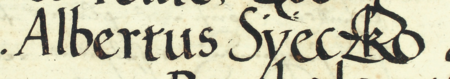 Z księgi radzieckiej Kazimierza obejmującej lata 1540–1545: fragment wpisu dokumentującego
wybór rady urzędującej na rok 1542, z Wojciechem Sieczką w składzie – zbliżenie zapisu imienia
(Archiwum Narodowe w Krakowie, sygn. K 10, s. 276)