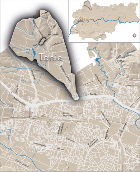 Orientacyjna lokalizacja dawnej wsi Tonie w obecnych granicach Krakowa – na planie miasta oznaczono jej położenie
w kształcie wyznaczonym granicami jednostki katastralnej, jaką stanowiła, ze wskazaniem najstarszego, historycznego centrum
Toń w rejonie dzisiejszej ulicy Łokietka, z południowej strony jej skrzyżowania z obecnymi ulicami Gaik i Na Zielonki