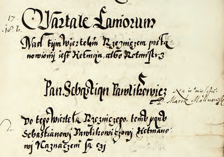 Z księgi radzieckiej zawierającej uchwały z lat 1538–1643 dotyczące organizacji życia publicznego miasta fragment
wpisu z 1575 r. dokumentującego powołanie Sebastiana Pawlikowicza na funkcję hetmana Kwartału Garncarskiego;
tam również późniejsza adnotacja wymieniająca jego następcę
(Archiwum Narodowe w Krakowie, sygn. rkps 1213, s. 61)