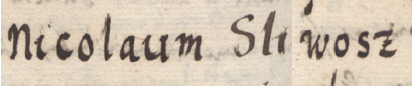 Z Liber inscriptionum… klasztoru oo. Augustianów w Kazimierzu: strona z początkowym fragmentem
dokonanego w roku 1681 wpisu, który stanowi kopię aktu z 1427 roku, w którym Tomasz czapnik wraz z żoną sprzedaje
Stanisławowi Swiebodzie (nr 124) i jego żonie Stachnie swój narożny dom ze słodownią, położony przy ul. Krakowskiej obok
domu Mikołaja Śliwosza – oraz zbliżenie zapisu imienia (Biblioteka Naukowa PAU/PAN, sygn. rkps 1676, s. 314v)