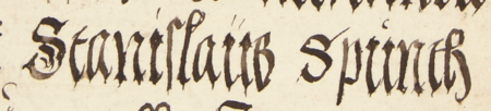 Z księgi radzieckiej Kazimierza obejmującej lata 1521–1533: fragment wpisu dokumentującego
wybór rady urzędującej na rok 1527, ze Stanisławem Spunthem w składzie – zbliżenie zapisu imienia
(Archiwum Narodowe w Krakowie, sygn. K 9, s. 173)