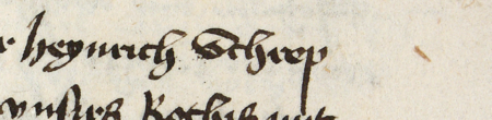 Z księgi radzieckiej obejmującej lata 1450–1483 fragment strony 425 z wpisem z 1469 roku dotyczącym rozsądzenia przez
rajców Jana Teschnera (nr 257) i Henryka Schrepkowicza, przy współudziale mieszczan Jana Turzona (nr 285), Pawła Althofa
i Jana Gawrona (nr 281), sporu finansowego między dwoma spółkami kupieckimi – oraz powiększenie zapisu imienia
(Archiwum Państwowe w Krakowie, sygn. rkps 429, s. 425)