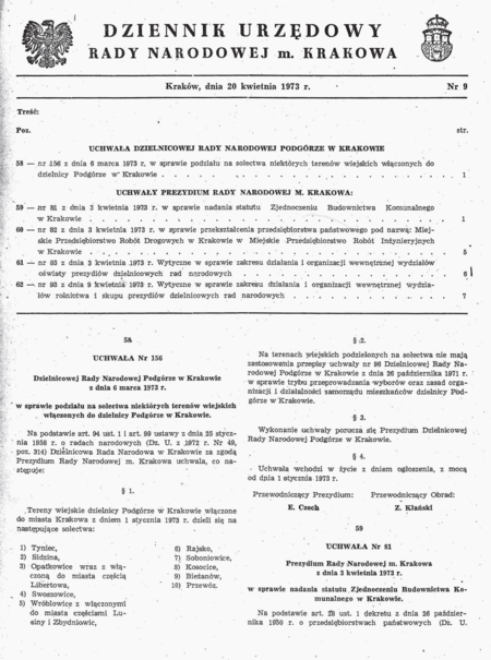 Przykład przejściowego „życia po życiu” niektórych miejsowości przyłączonych do Krakowa po 1915 roku –
już w ramach dzielnic miejskich, w tym przypadku Dzielnicy Podgórze
(z zasobów Urzędu Miasta Krakowa)