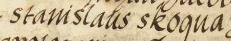 Z księgi radzieckiej Kleparza obejmującej lata 1554–1558: fragment wpisu z 1554 roku dokumentującego wybór rady
urzędującej wraz z odnotowaniem rajców starych, wśród których występuje Stanisław Skokwa – oraz zbliżenie zapisu imienia
(Archiwum Narodowe w Krakowie, sygn. KL 25, s. 1)