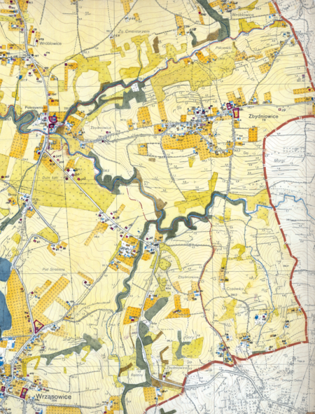 Z dokumentacji Biura Rozwoju Krakowa dotyczący wsi Zbydniowice fragment sporządzonej w 1968 roku
Inwentaryzacji bezpośredniej użytkowania terenu i budynków dla Gromady Swoszowice
(Archiwum Narodowe w Krakowie, sygn. 29/1405/2331)