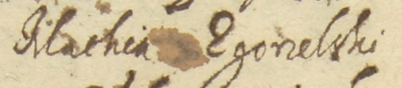 Z księgi inwentarzy mieszczan kazimierskich obejmującej lata 1618–1647: początkowy fragment spisu inwentarza
po zmarłym Jakubie Wąsie, sporządzonego i przyjętego przez urząd wójtowsko-ławniczy w 1620 roku, reprezentowanym
między innymi przez ówczesnego ławnika Macieja Zgorzelskiego – oraz zbliżenie zapisu imienia
(Archiwum Narodowe w Krakowie, sygn. K 448, s. 36)