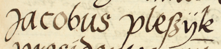 Z księgi radzieckiej Kleparza obejmującej lata 1539–1546: wpis z 1545 roku dokumentujący
wybór rady urzędującej, z rajcą-burmistrzem Jakubem Pleszykiem w składzie – oraz zbliżenie zapisu imienia
(Archiwum Narodowe w Krakowie, sygn. KL 24, s. 617)