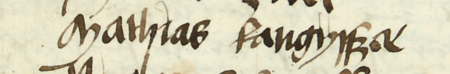 Z księgi radzieckiej Kazimierza obejmującej lata 1481–1508: fragment wpisu dokumentującego
wybór rady urzędującej na rok 1483, z Maciejem Kangiserem w składzie – zbliżenie zapisu imienia
(Archiwum Narodowe w Krakowie, sygn. K 7, s. 36)
