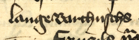 Z Kodeksu Grabowskiego strony 182–183 z kopią wilkierza wydanego w 1379 roku w Krakowie w sprawie uchwał
miejskich, w szczególności mocy prawnej uchwał podejmowanych przez pełną radę, czyli rajców urzędujących i starych;
wśród rajców uchwalających ten wilkierz jest wymieniony rajca Bartłomiej Lang – oraz powiększenie zapisu imienia
(Archiwum Państwowe w Krakowie, sygn. rkps 1447a, s. 182–183)