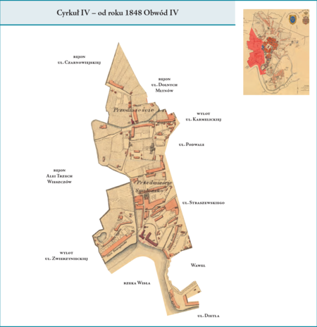 Cyrkuł IV (od 1848 r. Obwód IV) według stanu z końca roku 1838 na przywołanym wcześniej planie miasta z 1836 r. –
dzielnica administracyjna w północno-wschodniej i wschodniej części miasta. Jej teren obejmował zachodnią część miasta,
tj.: zachodnie tereny Przedmieścia Piasek oraz szeroko ujęte Przedmieście Smoleńsko (Nowy Świat), po gminę Zwierzyniec na
zachodzie i Przedmieście Stradom. Ten cyrkuł–obwód swoimi granicami odpowiadał powierzchni Gminy IX Rzeczypospolitej
Krakowskiej (por. rozdział poprzedni). Użyte przy powyższym planie dzielnicy nazwy terenowe podano według nazewnictwa
obowiązującego aktualnie.