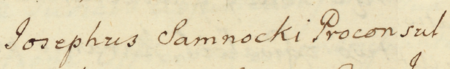 Z księgi radzieckiej Kleparza obejmującej lata 1695–1734: fragment wpisu z 1733 roku
otwierającego kolejną sprawę rozpatrywaną przez urzędujących rajców kleparskich
pod przewodnictwem Józefa Samnockiego, ówczesnego burmistrza – oraz zbliżenie zapisu imienia i funkcji
(Archiwum Narodowe w Krakowie, sygn. KL 33, s. 712)
