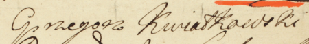 Z księgi rachunkowej miasta Kazimierza obejmującej dochody i wydatki w latach 1582–1791: pokwitowanie finansowe
z roku 1768 podpisane przez ówczesnego burmistrza i lonera Grzegorza Kwiatkowskiego – oraz zbliżenie podpisu
(Archiwum Narodowe w Krakowie, sygn. K 695, s. 33)
