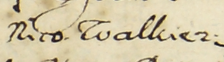 Z księgi miejskiej Kazimierza zawierającej indeks rzeczowy wpisów do kazimierskich ksiąg radzieckich za lata 1530–1603:
fragment kopii wpisu elekcji rady urzędującej na rok 1551; wśród powołanych Mikołaj Walkier – oraz zbliżenie zapisu imienia
(Archiwum Narodowe w Krakowie, sygn. K 176, s. 201)