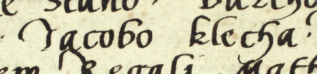 Z księgi radzieckiej Kazimierza obejmującej lata 1540–1545: fragment wpisu dokumentującego
wybór rady urzędującej na rok 1540, z Jakubem Klechą w składzie – oraz zbliżenie zapisu imienia
(Archiwum Narodowe w Krakowie, sygn. K 10, s. 1)