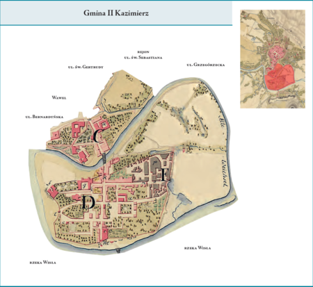 Gmina II Kazimierz według stanu z roku 1811 na przywołanym wcześniej planie miasta z 1811 r. – w skład tej
dzielnicy, analogicznie jak w przypadku podziału miasta na 4 cyrkuły (w latach 1792 i 1794) oraz podziału na miasto
i 3 wydziały (lata 1802–1811), wchodził Kazimierz chrześcijański, Miasto Żydowskie, osady Bawół i Podbrzezie,
a od strony północnej dawne przedmieście Kazimierza – Stradom. Analiza materiałów źródłowych pozwala przypuszczać,
że w porównaniu z poprzednimi okresami na tym etapie podziału administracyjnego miasta przesunięto granicę tej
dzielnicy na Stradomiu w kierunku północno-wschodnim, aż do rejonu dzisiejszej ul. św. Sebastiana. Użyte przy
powyższym planie gminy nazwy terenowe podano według nazewnictwa obowiązującego aktualnie.