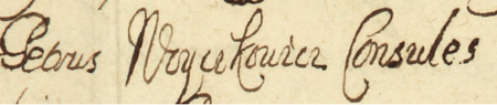 Z księgi radzieckiej Kazimierza obejmującej lata 1676–1684: początkowy fragment wpisu z 1680 roku dotyczącego rozliczenia
sum pobranych z klasy miejskiej przez cech karczmarzy; zapisano reprezentację rady z rajcą Piotrem Wojcikowiczem
w składzie – zbliżenie zapisu imienia i urzędu (Archiwum Narodowe w Krakowie, sygn. K 45, s. 304)