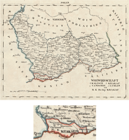 Pochodząca z wydanego w 1825 roku w Lipsku dzieła Atlas von Europa… etc. Wilhelma Ernsta Augusta von Schliebena mapa województw
kaliskiego, krakowskiego, sandomierskiego i lubelskiego wraz z Rzecząpospolitą Krakowską. Utworzone na kongresie wiedeńskim w 1815 roku
państwo-miasto Wolne Miasto Kraków, zwane Rzecząpospolitą Krakowską, sąsiadowało od północy i zachodu z Królestwem Polskim, od południa,
przez Wisłę, z krajem Cesarstwa Austrii – Królestwem Galicji i Lodomerii, od zachodu z Królestwem Prus. Miasteczka i wsie okołokrakowskie
leżące po prawej stronie Wisły pozostawały zatem w granicach austriackiej Galicji. W 1846 roku Rzeczpospolita została zlikwidowana – jej teren
został włączony do zaboru austriackiego, stając się Wielkim Księstwem Krakowskim w ramach Królestwa Galicji
(Biblioteka Uniwersytetu Wileńskiego, zbiory Lelewela, sygn. M 1925, XIV-2)