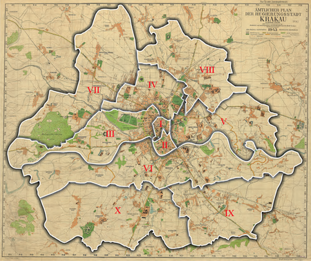 Podział Krakowa na 10 obwodów według stanu z roku 1941, po włączeniu do granic miasta sąsiednich gmin –
na niemieckojęzycznym planie miasta wydanym w 1943 r. Podstawa rysunku granic obwodów: vide s. 186
(Biblioteka Jagiellońska, sygn. M 41/96)