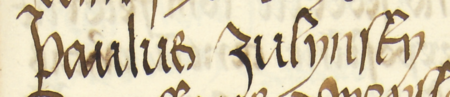 Z księgi radzieckiej Kazimierza obejmującej lata 1481–1508: fragment wpisu dokumentującego
wybór rady urzędującej na rok 1484, z Pawłem Szulińskim w składzie – zbliżenie zapisu imienia
(Archiwum Narodowe w Krakowie, sygn. K 7, s. 83)