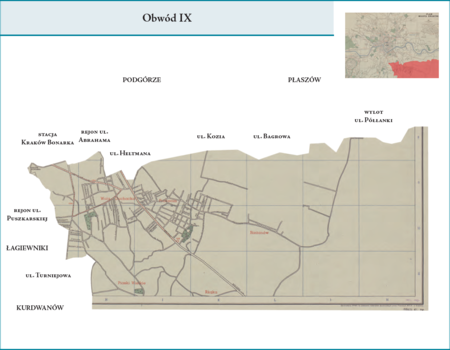 Obwód IX według stanu z roku 1951 na przywołanym wcześniej planie miasta z 1957 r. – dzielnica administracyjna
analogiczna do Obwodu IX z poprzedniego podziału wewnętrznego miasta, obejmująca zatem w całości dzielnice katastralne
XLVII–Bieżanów (tylko część tej gminy weszła w granice Krakowa, reszta gminy Bieżanów została przyłączona do miasta
w 1973 r.), XLVIII–Rżąka, XLIX–Prokocim, L–Wola Duchacka i LI–Piaski Wielkie. Użyte przy powyższym planie
dzielnicy nazwy terenowe podano według nazewnictwa obowiązującego aktualnie.