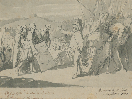 Rysunek tuszem Plan do założenia Miasta Krakowa Krakusowi przedstawiony – Franciszek Smuglewicz, 1789 r.
(Archiwum Narodowe w Krakowie, sygn. 29-671-1429)