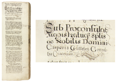 Z księgi radzieckiej obejmującej lata 1581–1584 strona 209 z nagłówkiem otwierającym wpisy spraw prowadzonych
za kadencji burmistrzowskiej Kaspra Guttetera w 1582 roku – oraz powiększenie zapisu imienia i funkcji burmistrza
(Archiwum Państwowe w Krakowie, sygn. rkps 448, s. 209)