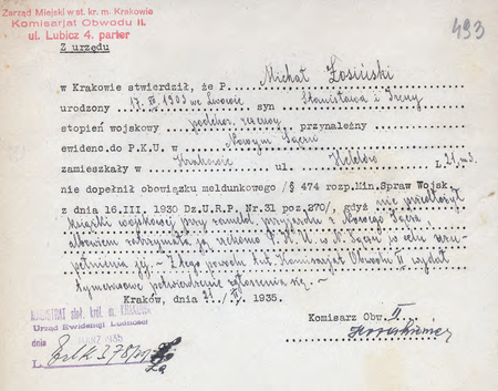 Z akt Przekroczenia meldunkowe, doniesienia o braku meldunku 1934–1935
sporządzona w 1935 r. przez komisarza Kazimierza Kozakiewicza notatka
służbowa o niedopełnieniu obowiązku meldunkowego
(Archiwum Narodowe w Krakowie, sygn. Kr 5383, s. 493)