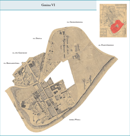 Gmina VI według stanu z roku 1816 na przywołanym wcześniej planie miasta z 1831 r. – na jej powierzchnię składały się tereny
Stradomia i Kazimierza z dawnym Bawołem, ograniczone od strony północnej dzisiejszymi ulicami Bernardyńską i św. Gertrudy,
starorzeczem Wisły, to jest ul. Dietla, fragmentem ul. Grzegórzeckiej i al. Daszyńskiego, jak też od strony południowej rzeką Wisłą.
Z obszaru Gminy VI wyłączone były tereny Kazimierza stanowiące siedliska żydowskie (tzw. Miasto Żydowskie), dla których
ustanowiono dwie odrębne gminy o numerach X i XI. Zatem w obręb tej gminy wchodził tzw. Kazimierz chrześcijański.
Użyte tutaj i przy powyższym planie dzielnicy nazwy terenowe podano według nazewnictwa obowiązującego aktualnie.