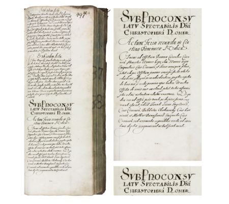 Z księgi radzieckiej obejmującej lata 1587–1588 strona 497 z nagłówkiem otwierającym wpisy spraw
za kadencji burmistrzowskiej Krzysztofa Remera w 1588 roku – oraz powiększenie zapisu imienia i funkcji burmistrza
(Archiwum Państwowe w Krakowie, sygn. rkps 450, s. 497)