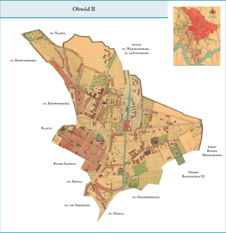 Obwód II według stanu z roku 1855 na przywołanym wcześniej planie miasta z 1879 r. – dzielnica ukształtowana na terenie
poprzedniego Cyrkułu–Obwodu III, jednak ze zmianami. Objęła obszar najstarszej części miasta w obrębie murów od linii
ul. Szczepańskiej, linii A–B Rynku Głównego i linii ul. Siennej na północ, czyli bez Rynku Głównego, ale z pl. Szczepańskim i Małym
Rynkiem. Ponadto powierzchnię tego obwodu stanowiły Przedmieścia Kleparz i Wesoła, od ul. Krowoderskiej na północy, po znajdujące
się w Obwodzie III Przedmieście Stradom na południu miasta. Co do zasady ten kształt dzielnicy–Obwodu II przetrwa ponad 80 lat,
do roku 1938. Użyte przy powyższym planie dzielnicy nazwy terenowe podano według nazewnictwa obowiązującego aktualnie.