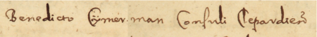 Z księgi ławniczej Krakowa obejmującej lata 1643–1649: fragment dokonanego w roku 1644 wpisu
dotyczącego cesji praw między Mikołajem Delpacem, mieszczaninem krakowskim,
a Benedyktem Cymermanem, rajcą kleparskim – oraz zbliżenie zapisu imienia i urzędu
(Archiwum Narodowe w Krakowie, sygn. rkps 37, s. 479)
