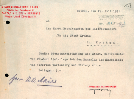 Z akt Starostwa Miejskiego Krakowskiego Raporty kasowe urzędów obwodowych oraz przedsiębiorstw
miejskich 1940–1944 pismo wewnątrzurzędowe sporządzone w 1941 r. przez kierownika Józefa Bernego
(Archiwum Narodowe w Krakowie, sygn. SMKr 79, s. 157)
