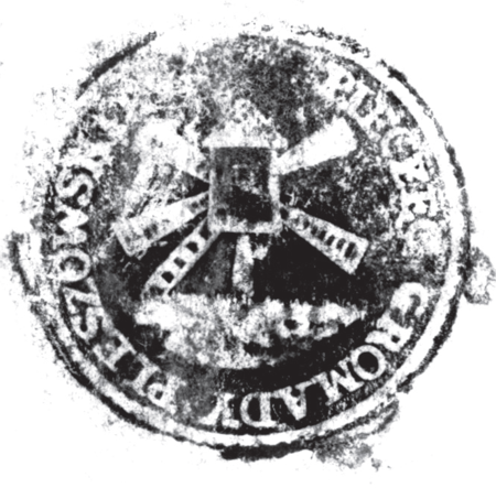 (1853)
Odciski pieczęci urzędowych Pleszowa
z lat 1853, 1856 i 1927
(Archiwum Narodowe w Krakowie,
sygn. 29/456/156, nlb.;
sygn. 29/456/120, nlb.; sygn. PUZKr 55, nlb.)