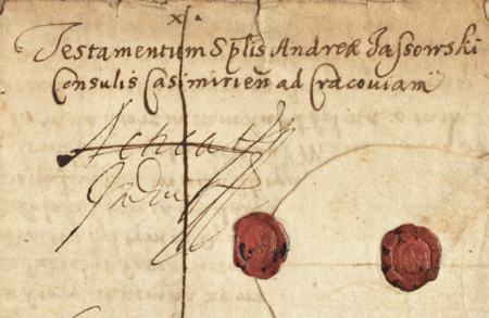 Ze sporządzonego w 1665 roku testamentu rajcy Andrzeja Jasowskiego: podpis oświadczającego
ostatnią wolę i odciski w laku jego gmerku (pieczęci z herbem) – oraz zbliżenie odcisku pieczęci
(Archiwum Narodowe w Krakowie, sygn. rkps 779, s. 954)