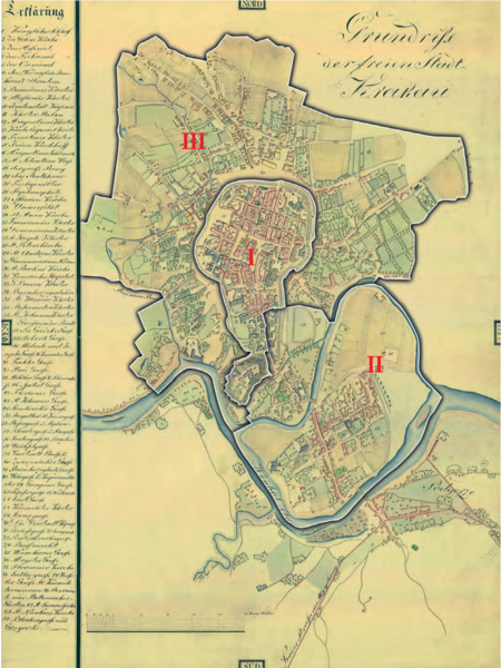 Podział Krakowa na 3 gminy według stanu z roku 1815, po odłączeniu Podgórza od Krakowa
– na planie Grundriss der freinen Stadt Krakau autorstwa Meno Passecka z ok. 1817 r.
Podstawa rysunku granic gmin: vide s. 108
(Muzeum Historyczne Miasta Krakowa, nr inw. Zb. Kart. 8.T.VIIIa)