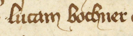 Z księgi miejskiej rachunkowej zawierającej wpisy z lat 1403–1404 strona 1 z wpisem otwierającym rejestr wydatków
i dochodów z 1403 roku, gdzie zostali wymienieni urzędujący ówcześnie rajcy, wśród nich Łukasz Bochner –oraz powiększenie zapisu imienia (Archiwum Państwowe w Krakowie, sygn. rkps 1592, s. 1)