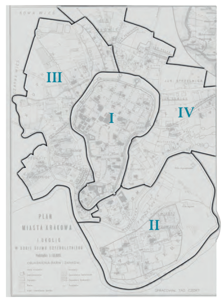 Plan konturowy podziału Krakowa na cyrkuły według stanu
z lat 1792 i 1794 na podkładzie planu miasta
przedstawionego w pełnym kształcie na s. 282