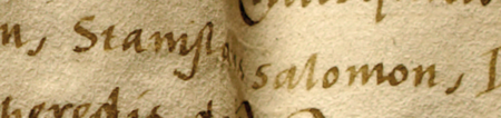 Dokument wydany w 1527 roku w Krakowie, w którym Zygmunt Stary zatwierdził rozstrzygnięcie krakowskiego sądu ławniczego,
w którego składzie zasiadał Stanisław Salomon, dotyczące dziedziczenia ogrodów położonych w okolicy kościoła św.
Floriana – oraz powiększenie zapisu imienia (Archiwum klasztoru oo. Dominikanów w Krakowie)
