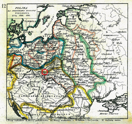 Mapa nr 12
Terytorium ziemi krakowskiej na mapie przedstawiającej państwo polsko-litewskie w dobie panowania
Stanisława Augusta Poniatowskiego – na mapie ukazano granice kolejnych trzech zaborów (1772, 1793, 1795)