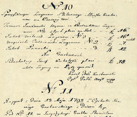 Z dokumentu Księga raportów tygodniowych składanych magistratowi m. Krakowa przez dozorców
cyrkułów krak. w sprawach policyjnych i ze stanu kasy wpis raportu złożonego bezpośrednio przez
wójta cyrkułowego Karola Kustowskiego w 1792 r.
(Archiwum Narodowe w Krakowie, sygn. rkps 1301, s. 13)