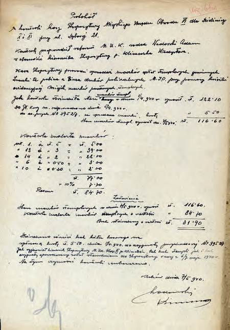 Protokół kontroli kasy Ekspozytury Miejskiego Urzędu Obwodowego VI
dla dzielnic katastralnych X i XI,
sporządzony w obecności zastępcy kierownika Władysława Klimeczka
(Archiwum Narodowe w Krakowie, sygn. Kr 6256, nlb)
