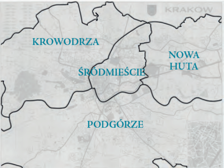 Plan konturowy podziału na dzielnice w latach 1973–1991
na podkładzie planu miasta
przedstawionego w pełnym kształcie na s. 717