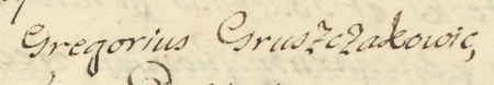 Z księgi radzieckiej Kleparza obejmującej lata 1695–1734: fragment wpisu z 1707 roku
otwierającego kolejną sesję rajców, z Grzegorzem Gruszczakowiczem w składzie – oraz zbliżenie zapisu imienia
(Archiwum Narodowe w Krakowie, sygn. KL 33, s. 235)