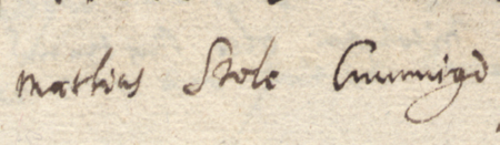 Z Liber inscriptionum… klasztoru oo. Augustianów w Kazimierzu: początkowy fragment dokonanego w roku 1681 wpisu
przywołującego wydany w 1437 roku dokument, w którym rajcowie kazimierscy, wśród nich Maciej Szolc, stwierdzili,
że Wawrzyniec rybak zwany Śmiech odstąpił ogród z domem rajcy Przecławowi (nr 107) – zbliżenie zapisu imienia
(Biblioteka Naukowa PAU/PAN, sygn. rkps 1676, s. 307v)