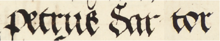 Z księgi radzieckiej Kazimierza obejmującej lata 1521–1533: fragment wpisu
dokumentującego wybór rady urzędującej na rok 1523, z Piotrem krawcem w składzie – zbliżenie zapisu imienia
(Archiwum Narodowe w Krakowie, sygn. K 9, s. 22–23)