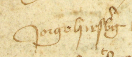 Z księgi przyjęć do prawa miejskiego obejmującej lata 1423−1493 fragment stron 18–19, gdzie znajduje się wpis z 1426 roku,
poświadczający przyjęcie do krakowskiego prawa miejskiego Jerzego Hirszberga – oraz powiększenie zapisu imienia
(Archiwum Państwowe w Krakowie, sygn. rkps 1421, s. 18−19)