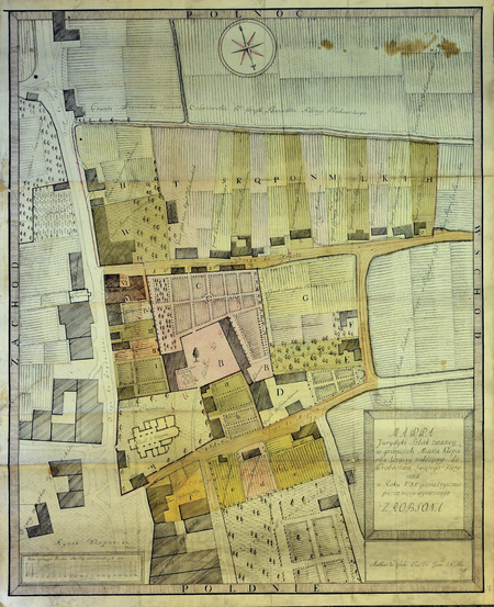 Wyrysowana w 1788 roku Mappa Jurydyki Szlak zwaney w granicach Miasta Kleparza leżącey, należącey do Probostwa Świętego Floriana –
w lewym dolnym rogu rynek kleparski, powyżej kościół św. Floriana i biegnąca na północ Droga ku Prądnikowi, dzisiejsza ul. Warszawska; tereny
jurydyki zaznaczone kolorami (Archiwum Kurii Metropolitalnej w Krakowie, sygn. Zbiór map, K 3)