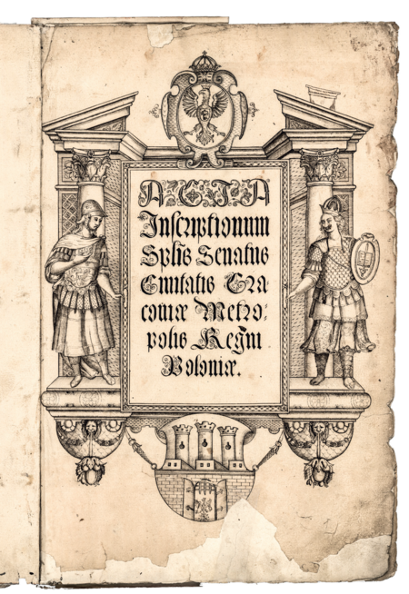 (186) Karta tytułowa założonej w 1621 r. księgi miejskiej zatytułowanej Księga wpisów przesławnego senatu miasta krakowskiego, stolicy Królestwa
Polskiego; oprócz podkreślania w tytułach ksiąg (i nie tylko) stołeczności rangę miasta eksponowano łączeniem herbu Krakowa
z godłem Polski lub Polski i Litwy (ANK, sygn. rkps 459)