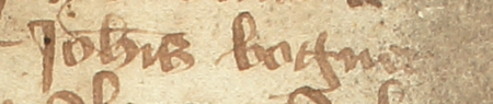 Z księgi radzieckiej Kazimierza obejmującej lata 1391–1402: fragment wpisu
dokumentującego wybór rajców na rok 1395, z Janem Bognerem w składzie – zbliżenie zapisu imienia
(Archiwum Narodowe w Krakowie, sygn. K 4, s. 227)